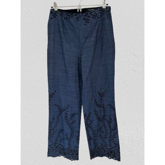 Yigal Azrouel Pants Lightweight Eyelet Trousers Blue Black Embroidery Size 6 - Picture 1 of 12